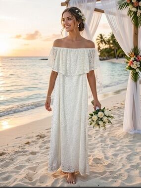 Chelsea Taylor White Lace Off-the-Shoulder Beach Wedding Maxi Dress - 2X summer
